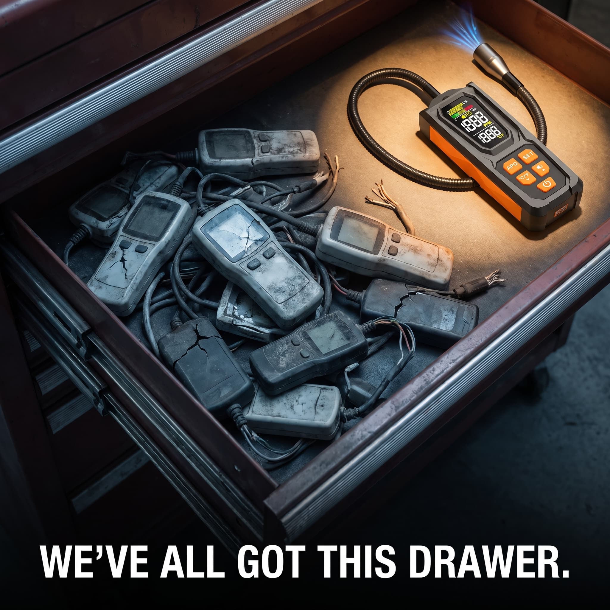 A toolbox drawer full of dead, cracked, worn-out leak detectors next to one clean working Vavren unit