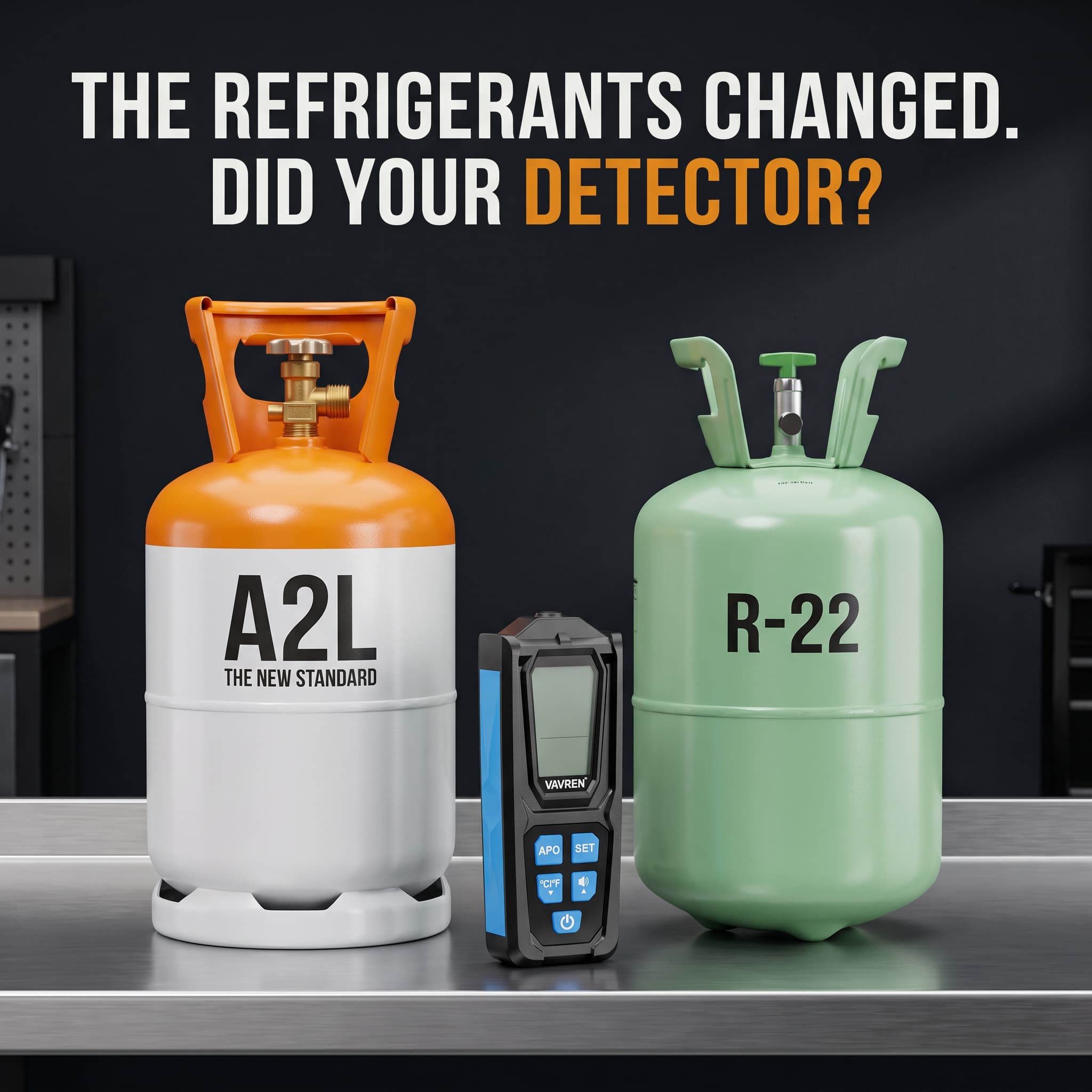 The refrigerants changed. Did your detector? An A2L cylinder and an R-22 cylinder beside the Vavren detector