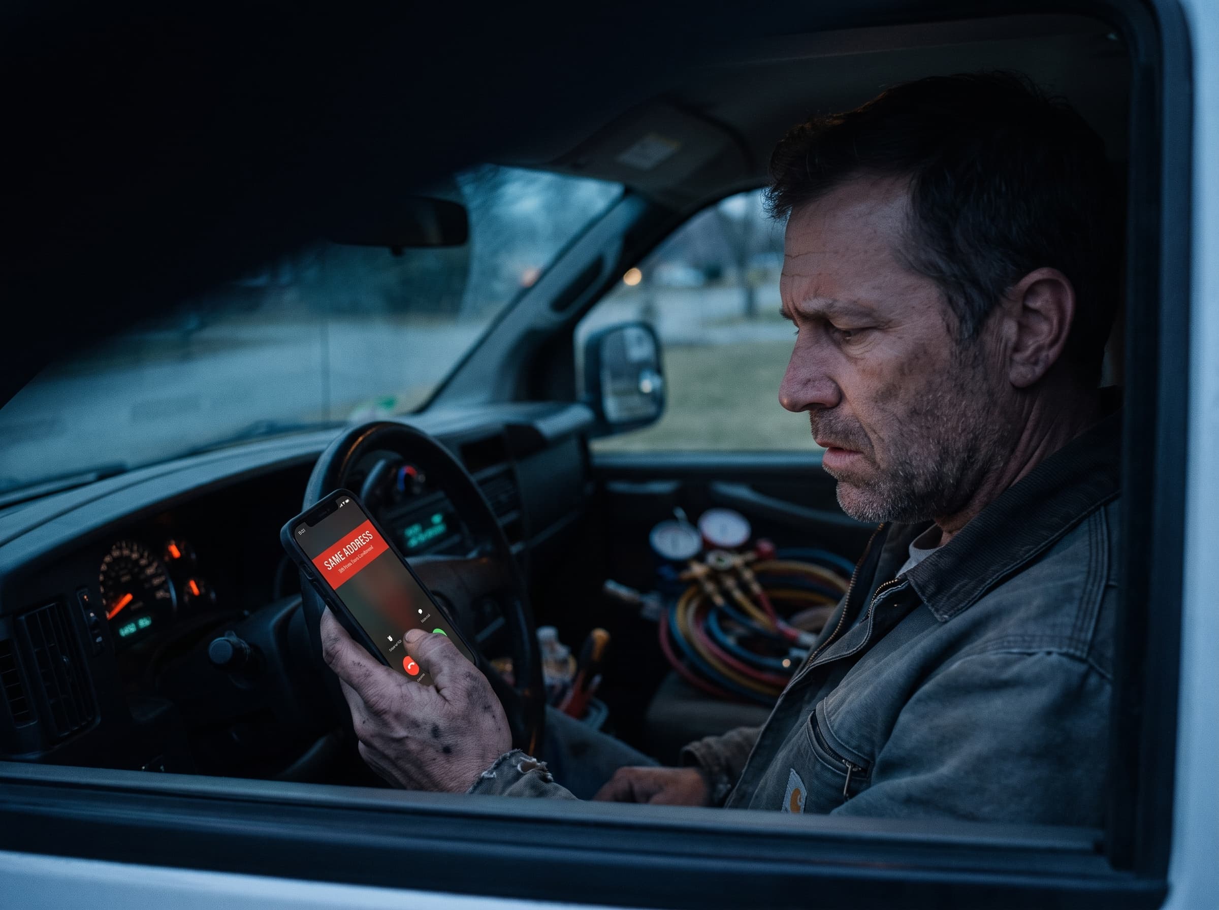 Worn-out HVAC tech in his service van at dusk, seeing a callback from the same address on his phone