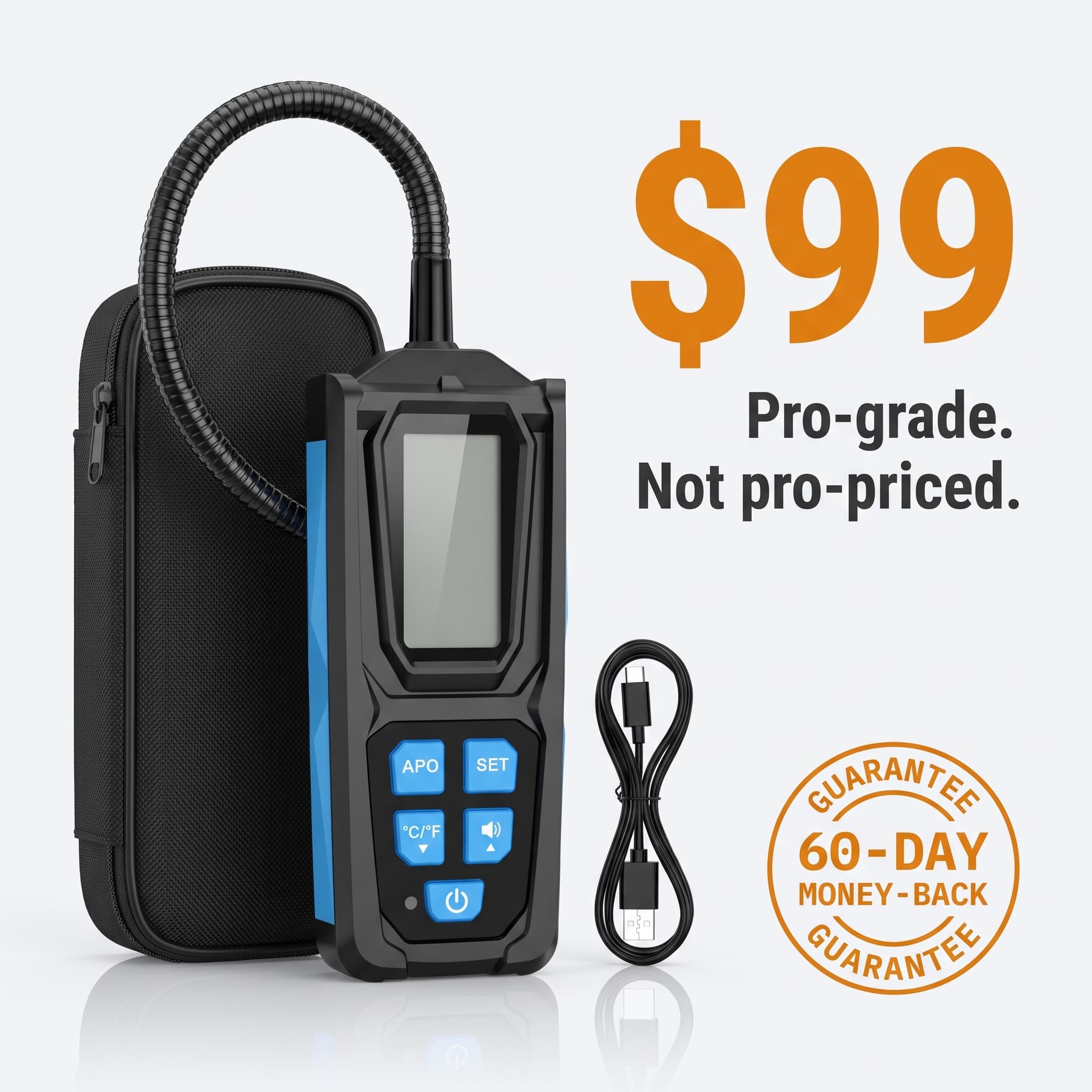 Vavren refrigerant leak detector with carry case and USB-C cable, $99, pro-grade not pro-priced, 60-day money-back guarantee