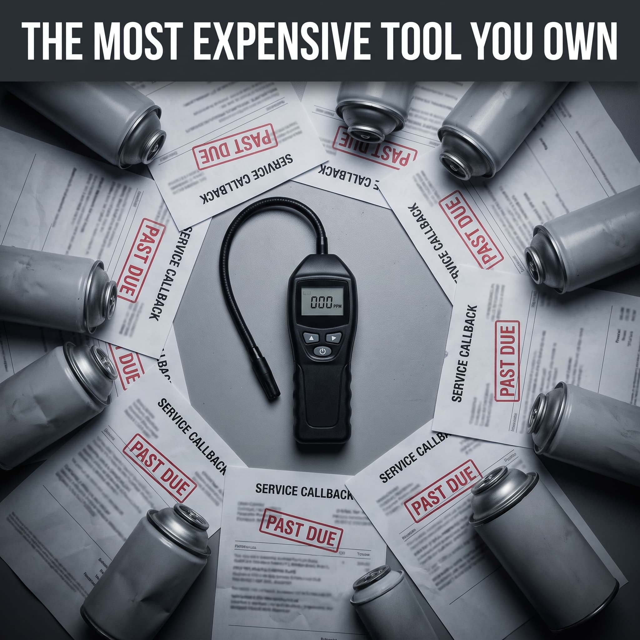 A cheap generic leak detector surrounded by SERVICE CALLBACK invoices stamped PAST DUE